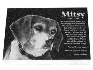 Custom designed and photo engraved stone grave markers for pets.