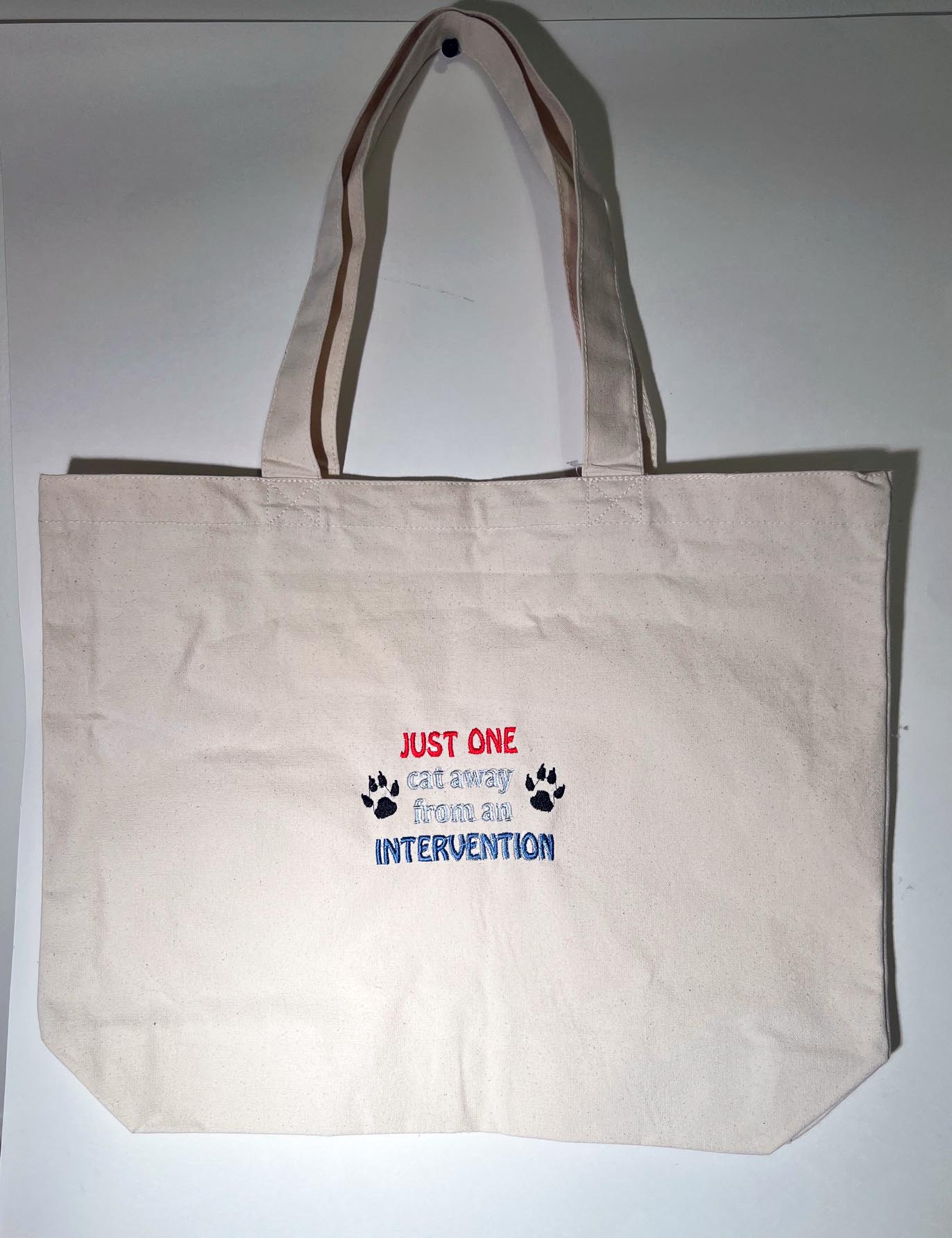 Embroidered Cat Lover Tote Just One Cat Away from an intervention.