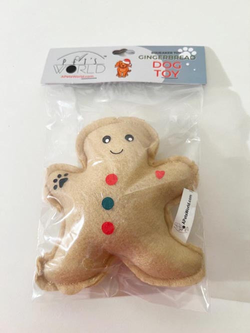 Gingerbread Man soft felt dog toy with squeaker in package