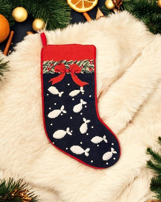 Needlepoint Navy Fish Christmas Stocking with Bow for Cats