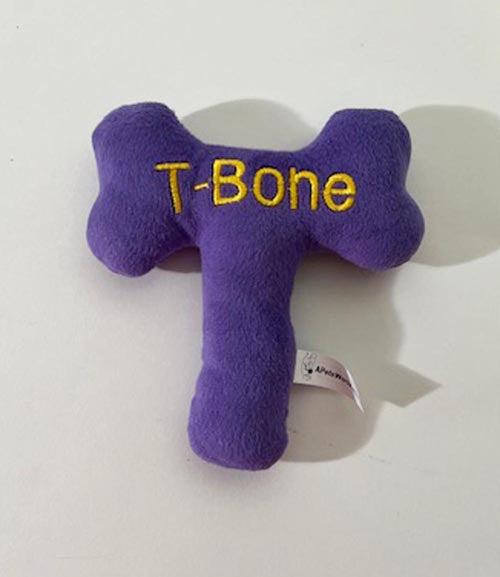Purple T-Bone plush dog toy with squeaker front view