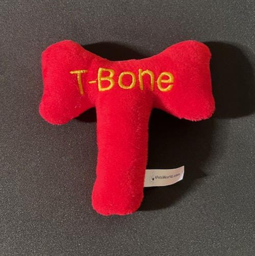 Red plush T-bone Dog toy front view