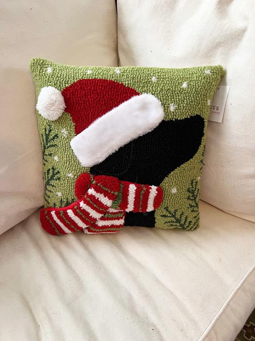Hook Pillow-Black Lab with Knitted Scarf and Santa Hat