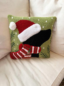 Hook Pillow-Black Lab with Knitted Scarf and Santa Hat