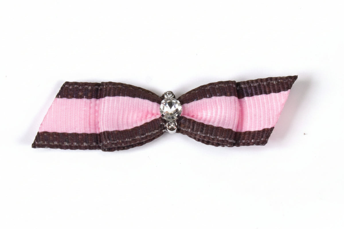 Dog Hair Bows-Brown + Pink Stripe Rhinestone Bow - A Pet's World