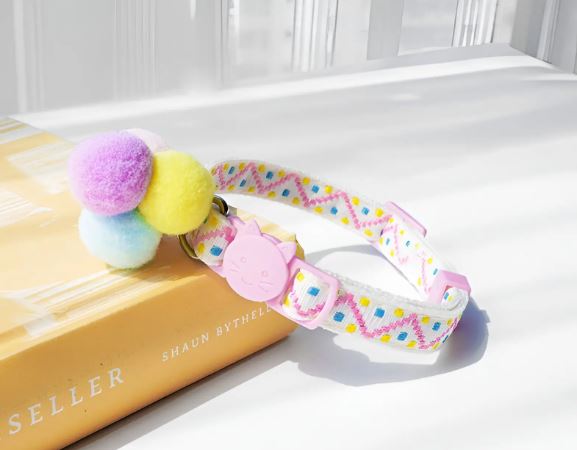 Pretty Pink and Pastel adjustable Cat Collar with Pastel PomPoms and a bell