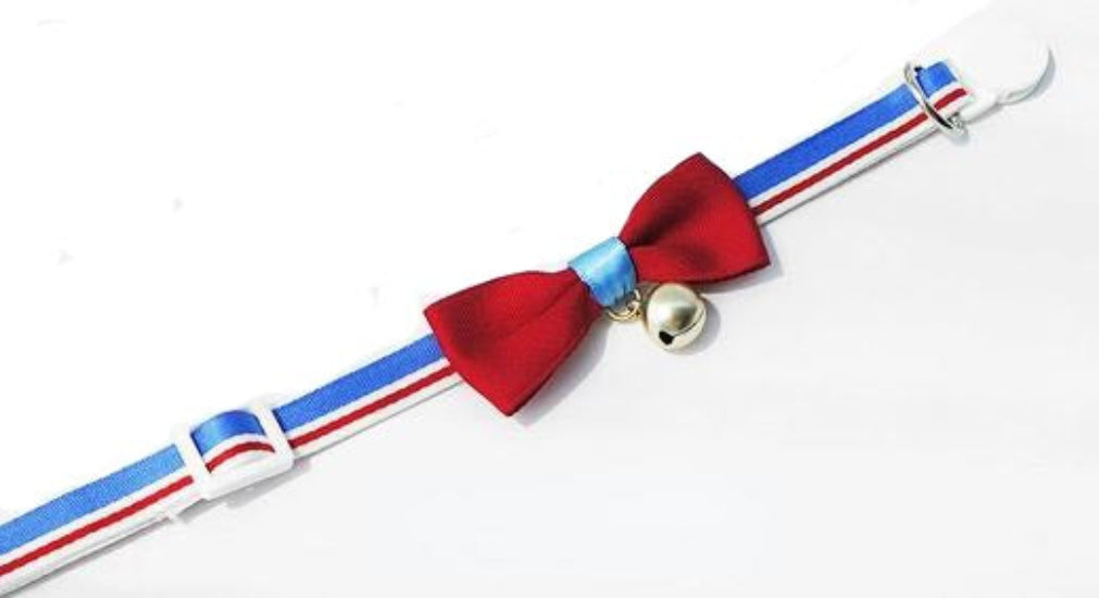 blue, red, and white stripe cat collar with red bow and a bell