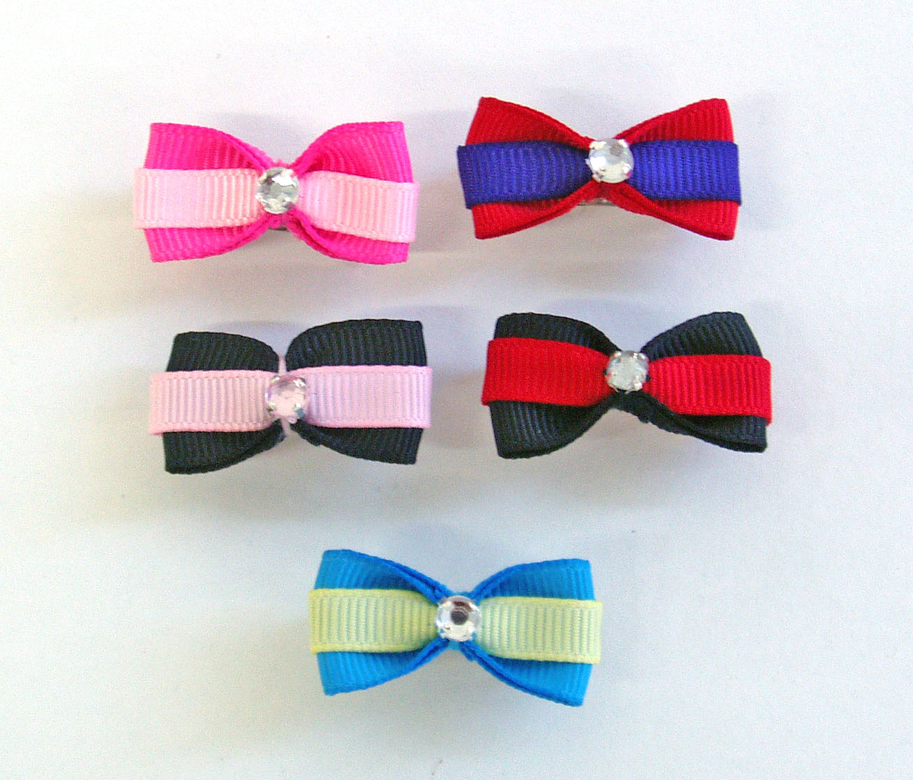 Dog Hair Bows-Double Grosgrain Stripe Rhinestone Center - A Pet's World