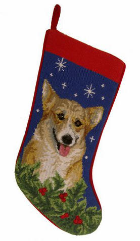 Needlepoint Christmas Dog Breed Stocking - Corgi + Stars and Holly - A Pet's World