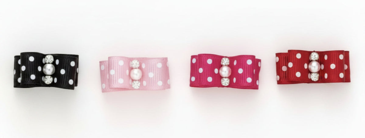 Dog Hair Bows-Mini Polka Dot Pearl Starched Show Bows with Elastics - A Pet's World