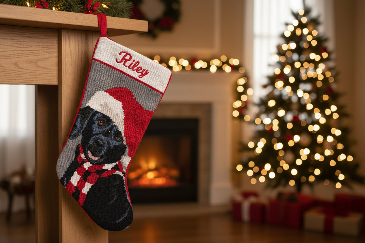 Needlepoint Stocking for Riley Black Lab