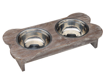 Wooden Bone Shape Small Double Dog Feeder - A Pet's World