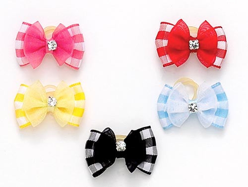Dog Hair Bows-Small Gingham Sheer Rhinestone Elastics - A Pet's World