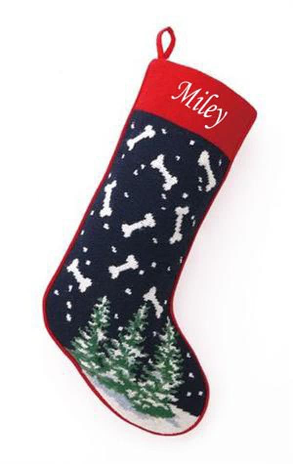 Needlepoint Navy Snowing Dog Bones Christmas Stocking - A Pet's World
