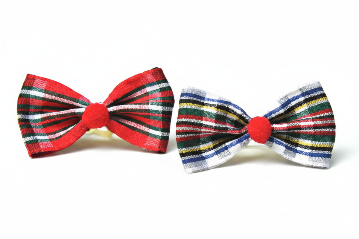 Dog Hair Bows-Tartan Bow Ties with Red Pom Poms - A Pet's World
