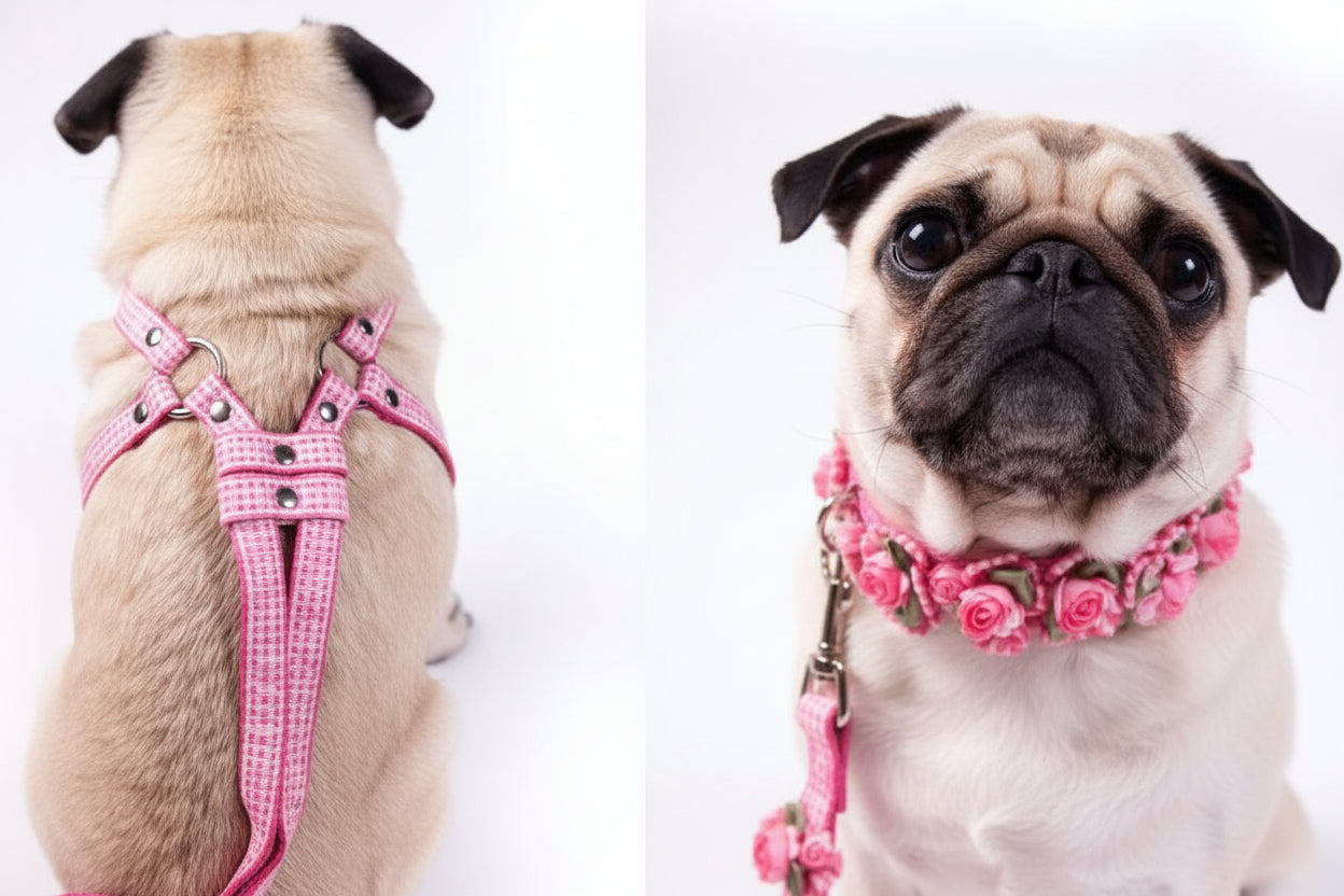 Ribbon One Piece Step-In Harness--Gingham Petal Flowers and Pearls - A Pet's World