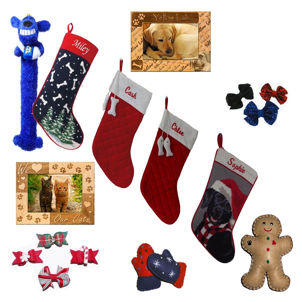 Christmas and Hanukkah Pet Gifts for Dogs, Cats and Pet Lovers. Holiday Pet Stockings, Needlepoint dog breed stockings, Christmas Hair Bows, Christmas Dog and Cat toys, Pet Frames for Christmas gifts.