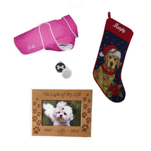 Monogrammed, personalized, pet products for dogs and cats + pet lover gifts including pet Christmas stockings, Dog coats, photo frames and pet memorials. 
