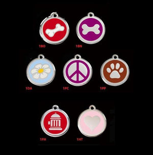 Several designs, colors and three sizes for dog ID tags personalized with a name, phone number and address for lost pets.