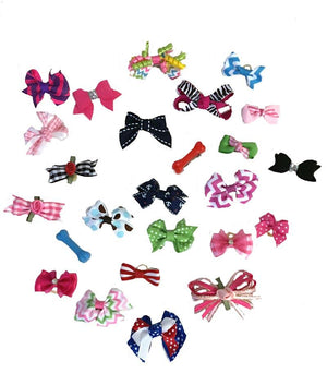 Dog Bones, curls and bows for your dog's hair, some with flowers and rhinestones and bling. 