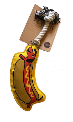 dacshund hot dog rope toy with squeaker