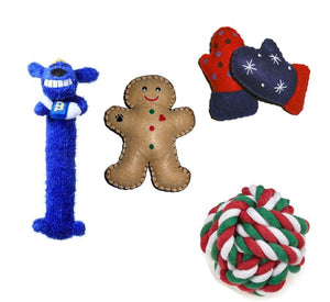 Hanukkah and Christmas loofa, felt, plush, rope and squeaker dog toys for big dogs, small dogs and puppies.