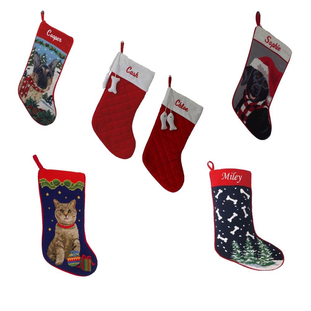 Personalized Dog and Cat Christmas Holiday Pet Stockings, including various dog breeds. 