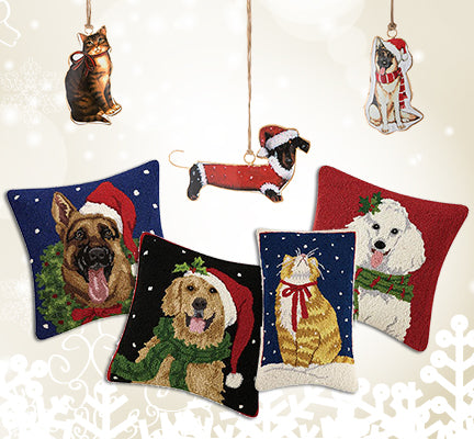 Holiday Pet lover gifts hook breed pillows and 2 sided ornaments