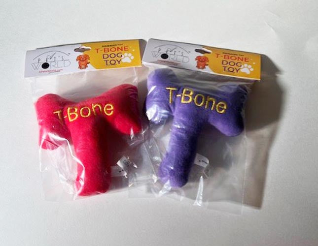 T-Bone plush Dog Toys with squeaker in packaging 