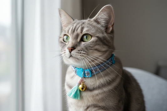 blue grey tassle cat collar with a bell