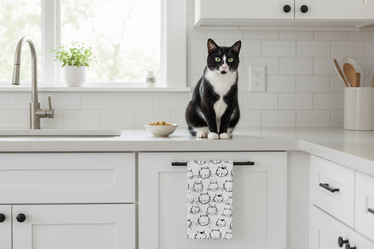 cat funny face dish towel