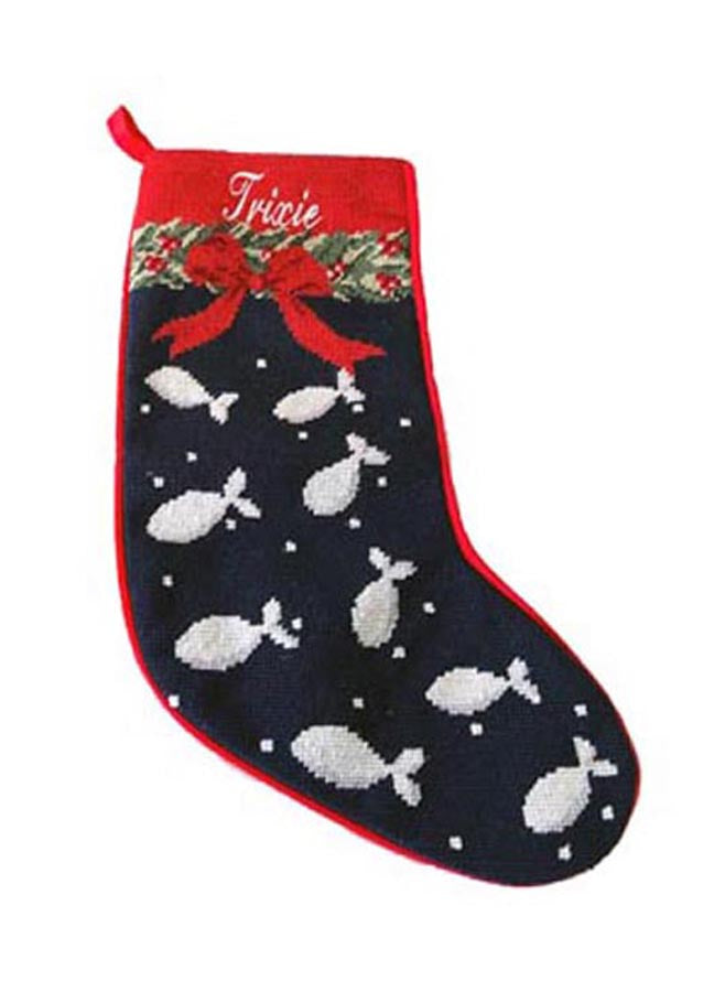 Needlepoint Navy Fish Christmas Stocking with Bow for Cats