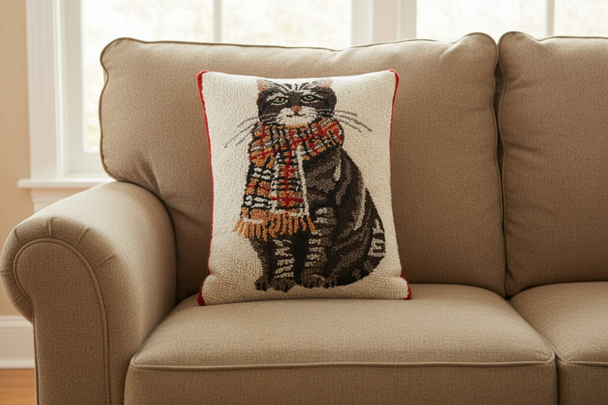 Hook Pillow Cat with Plaid Scarf