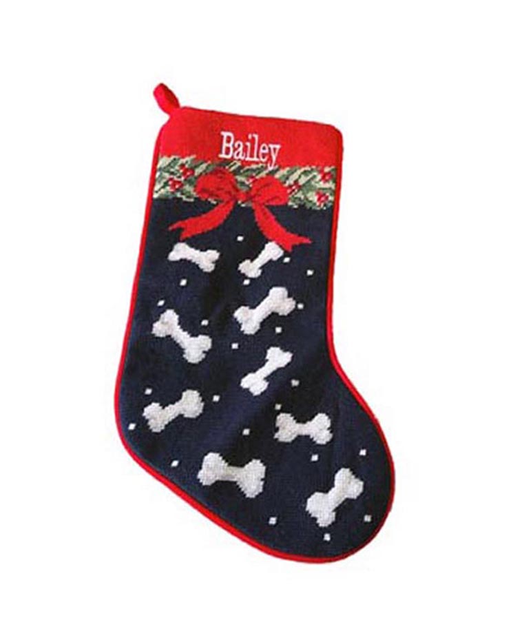 Needlepoint Navy Dog Bones Christmas Stocking with Bow