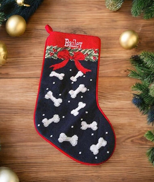 Needlepoint Navy Dog Bones Christmas Stocking with Bow