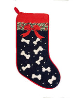 Load image into Gallery viewer, Custom Designed by A Pet&#39;s World .  Needlepoint  Pet Christmas Stocking is Navy with Dog Bones and Snow and a Red Bow.  It is perfect for Personalizing with Embroidery. Great for any Dog Breed
