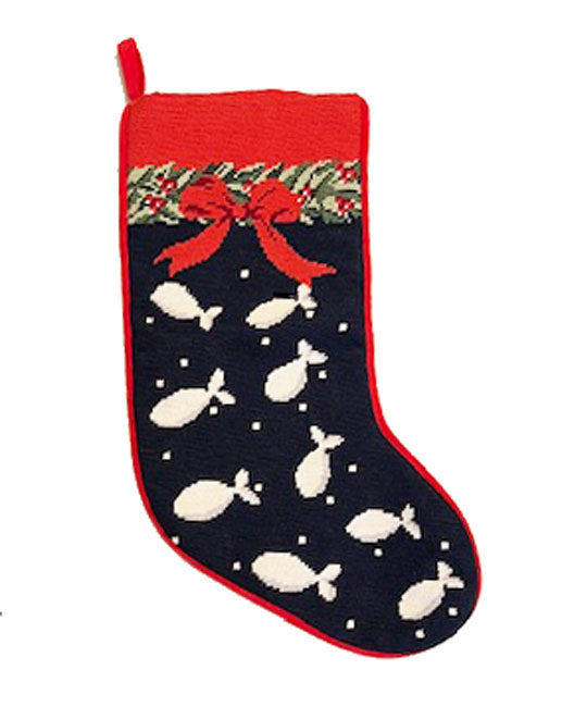 This Needlepoint Christmas stocking for Cats is Exclusive to  A Pet's World.  Our custom design is navy with fish and a red bow.  It's perfect for any cat breed.