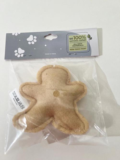 Gingerbread soft felt toy with catnip in packaging back view