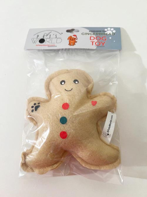 Gingerbread Man soft felt dog toy  with squeaker in package