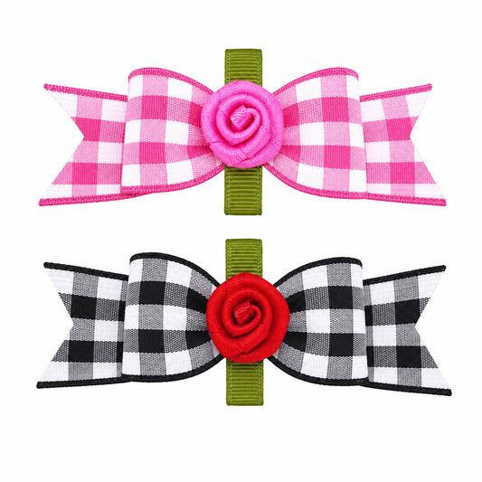 Dog Hair Bows-Gingham Rosette Starched Show Bow Barrettes