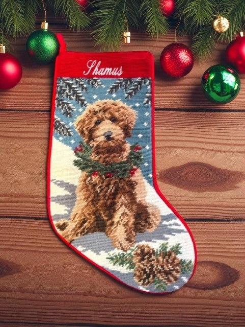 Goldendoodle with wreath  Needlepoint Christmas stocking