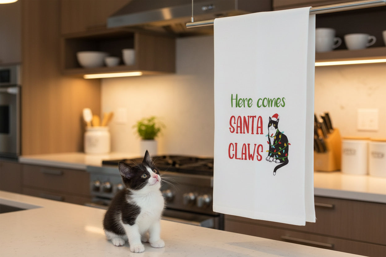 gift kitchen towel Her comes Santa Claws.