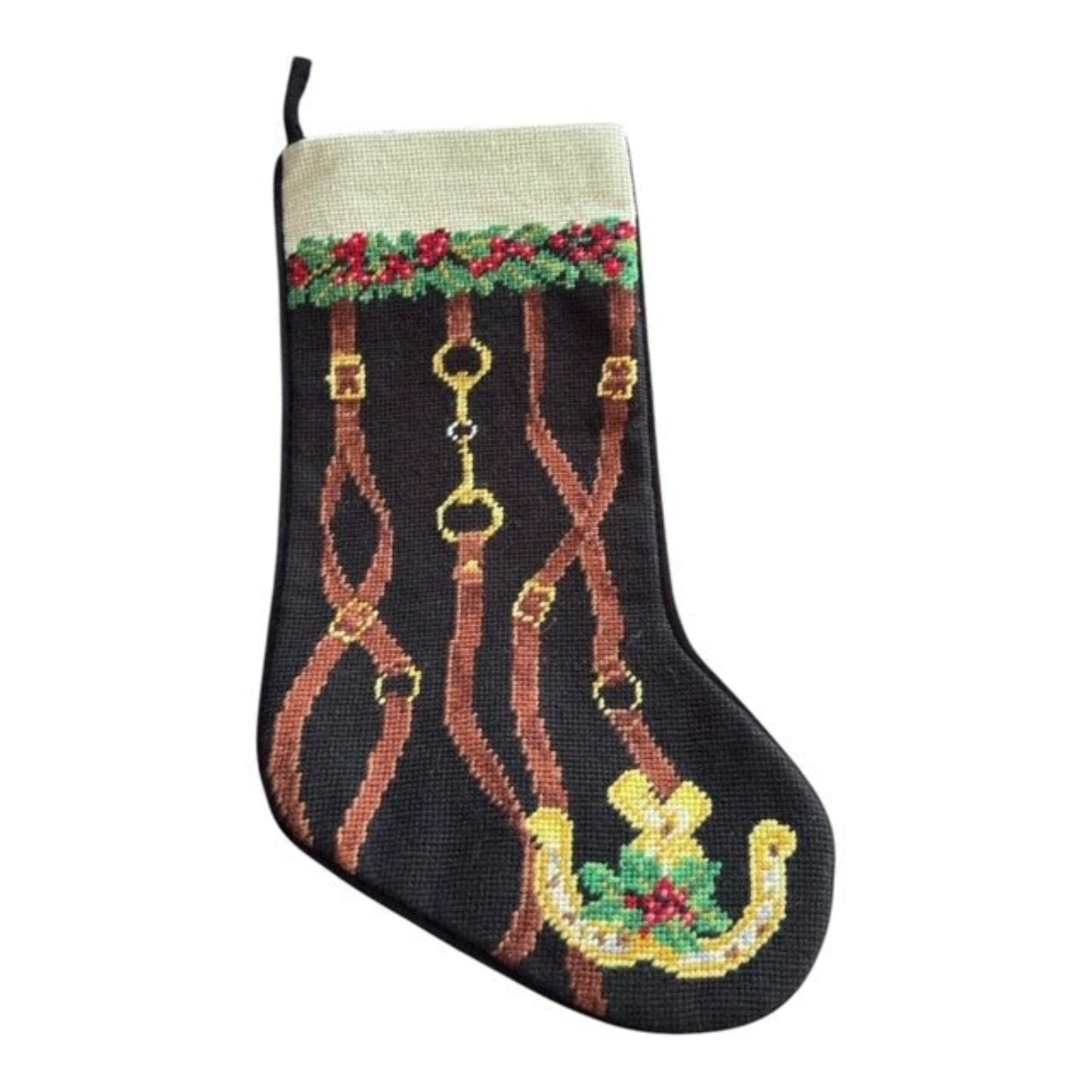 Black Needlepoint stocking with Reigns and horseshoes