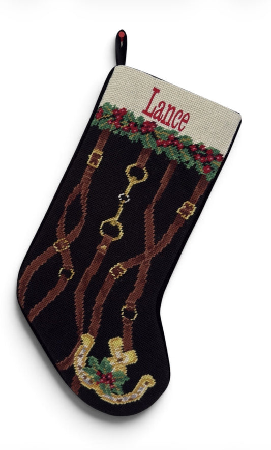 Hand embroidered stocking for horses.  Black back ground, white cuff, gold, green and red design. Can be personalized. 
