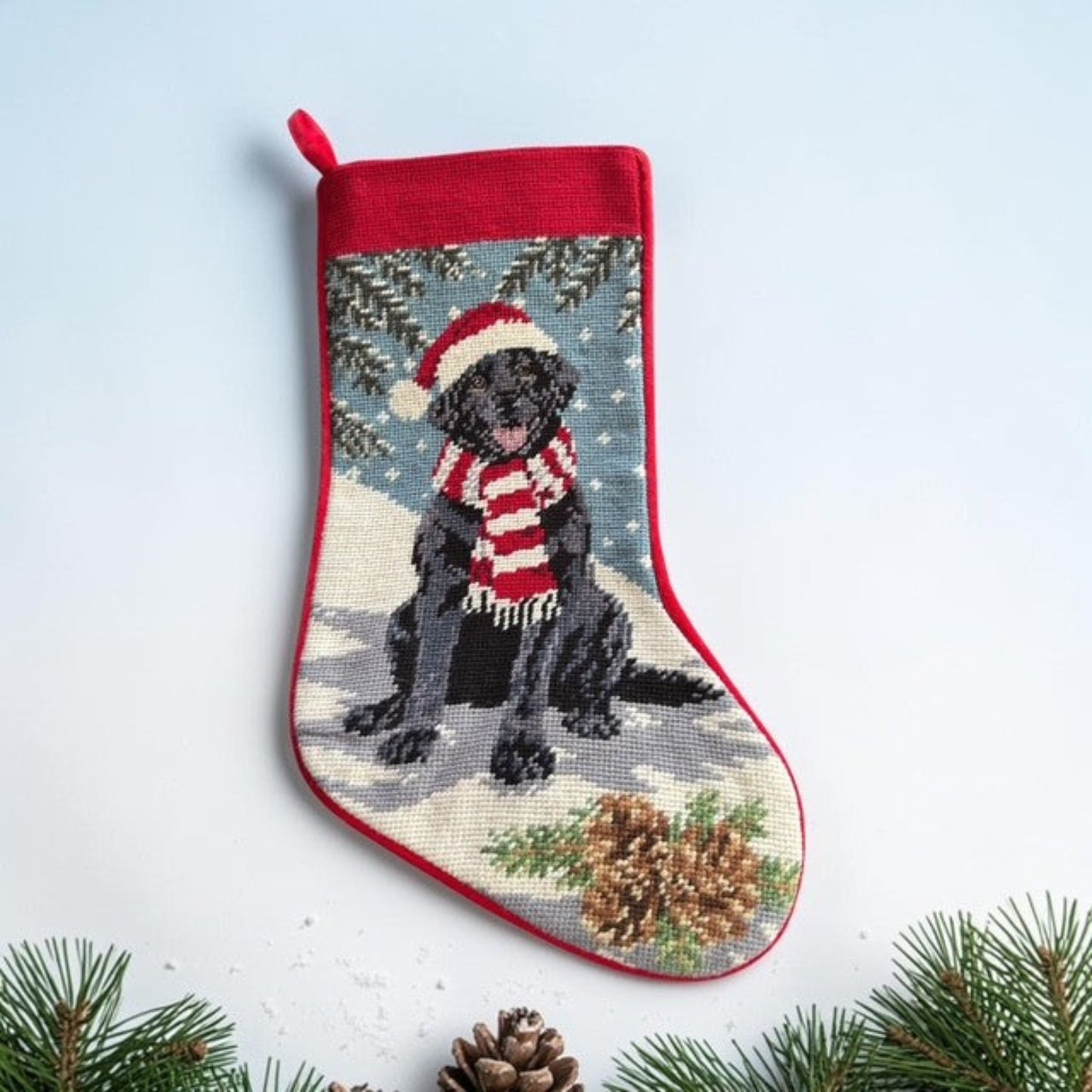 A Christmas needlepoint stocking featuring a black Labrador retriever wearing a red and white striped scarf and Santa hat in a snowy winter scene. The stocking has a red border and hanging loop, shown against a light blue background with pine branches and pinecones at the bottom.