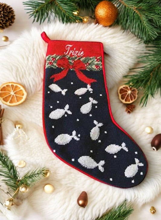Needlepoint Navy Fish Christmas Stocking with Bow for Cats