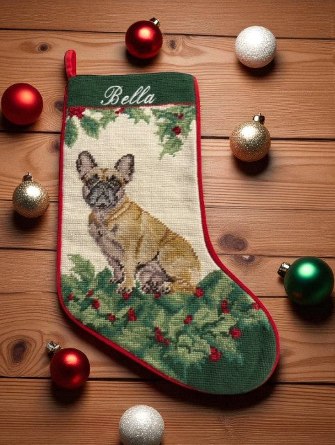Needlepoint Tan/Fawn French Bulldog Holiday Stocking