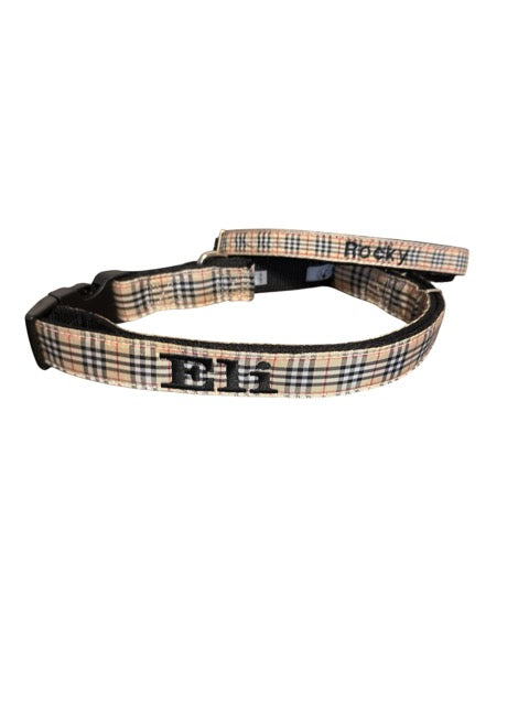 Two sizes in the embroidered tan plaid collar.