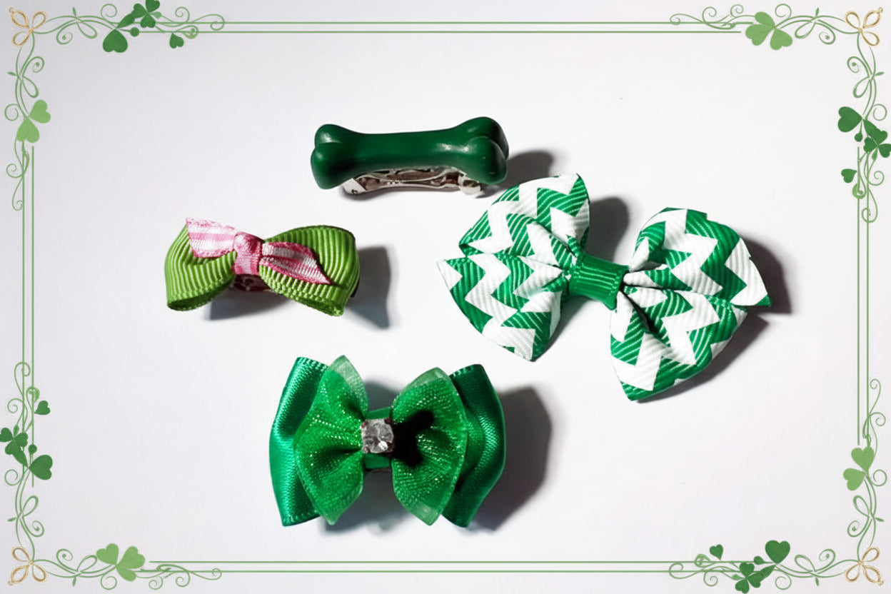 green dog hairbows with French barrettes perfect for St. Patrick's Day
