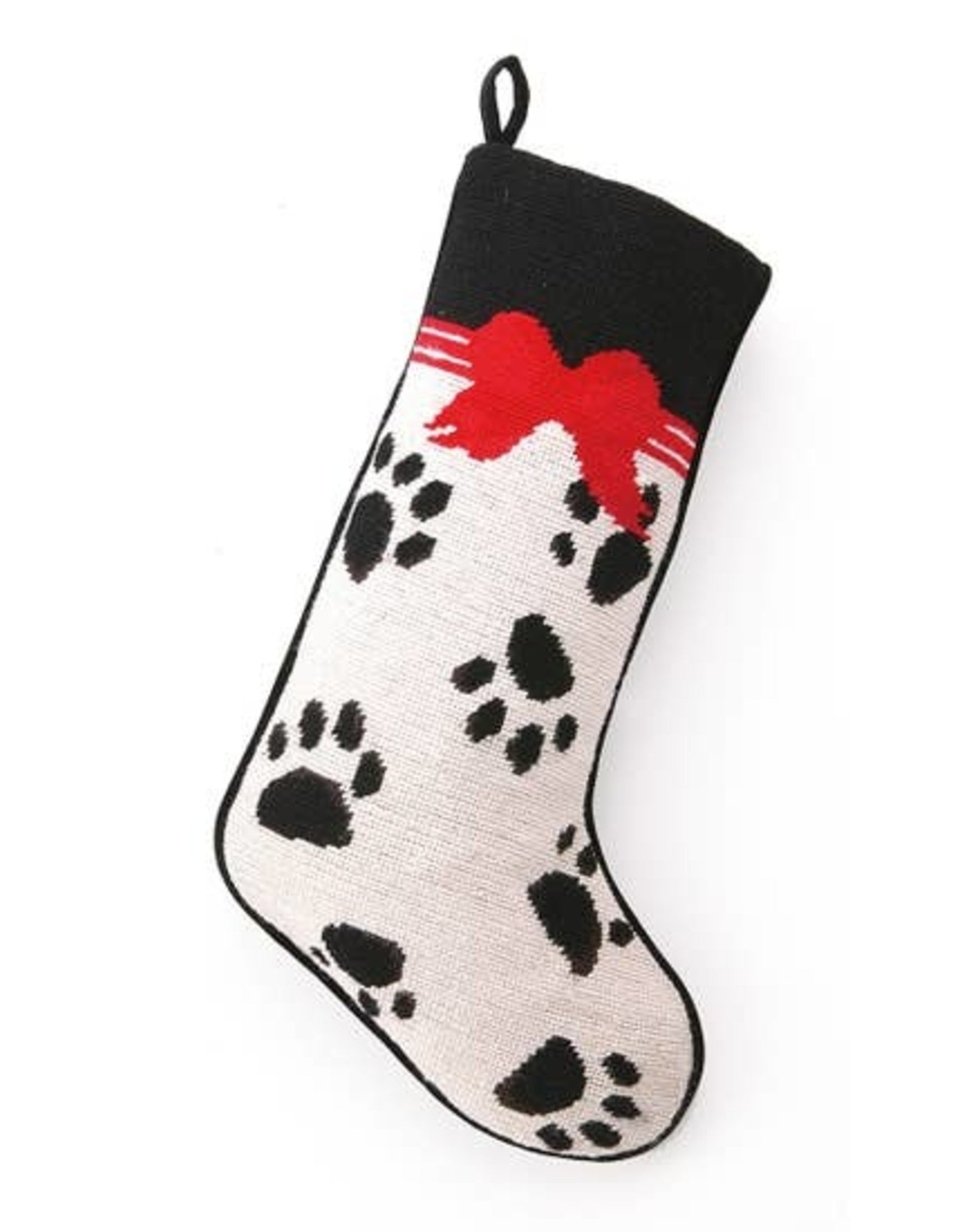 Needlepoint Christmas Dog Stocking with Paw Prints and Bow